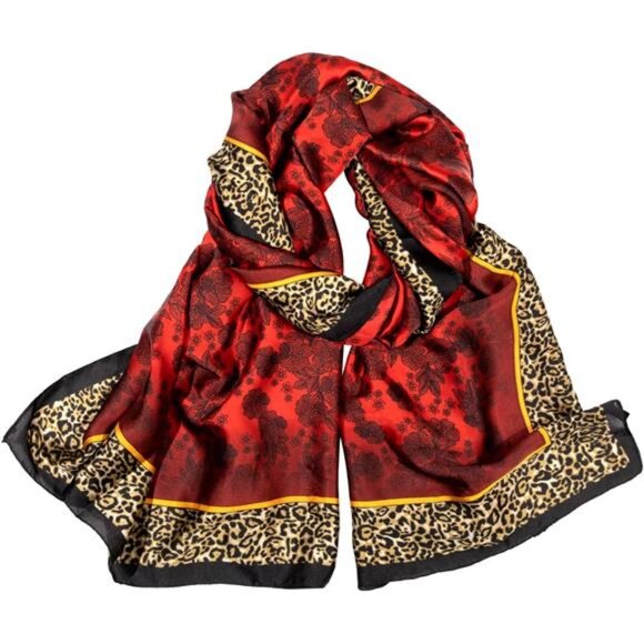 Silk Feeling Long Scarf Red Leopard - Picture 1 of 7